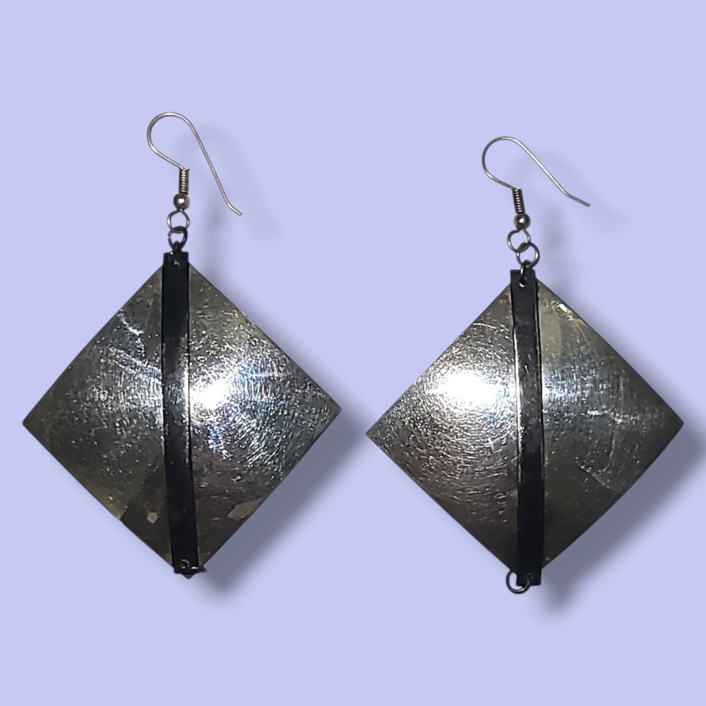 Vintage Mexico Metales Modernist Geometric Silver Tone Metal Dangle Earrings